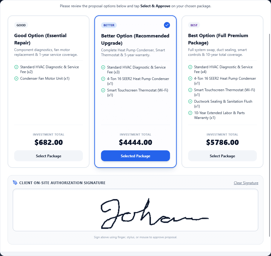 On-site customer pitch mode with multi-tier selection and digital sign-off