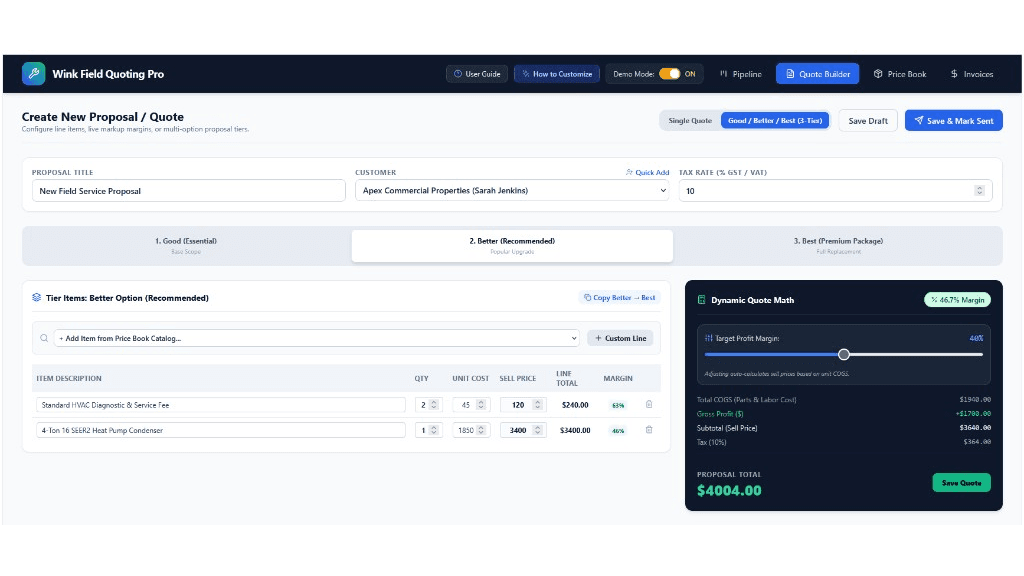 3-tier quote builder with live cost breakdown and target margin slider