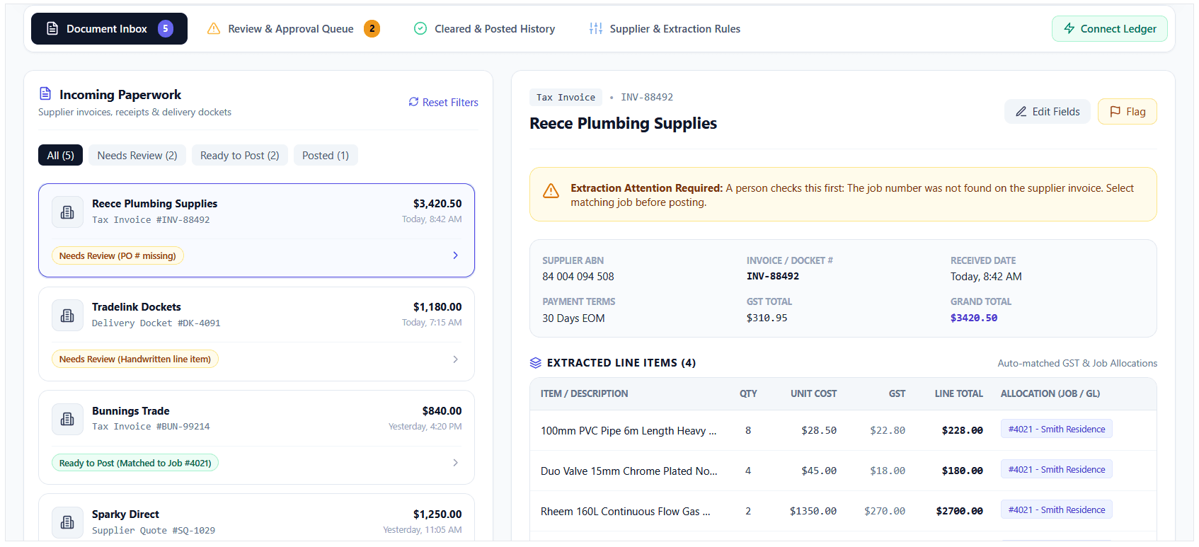 Document inbox with extracted supplier invoice fields and review flags