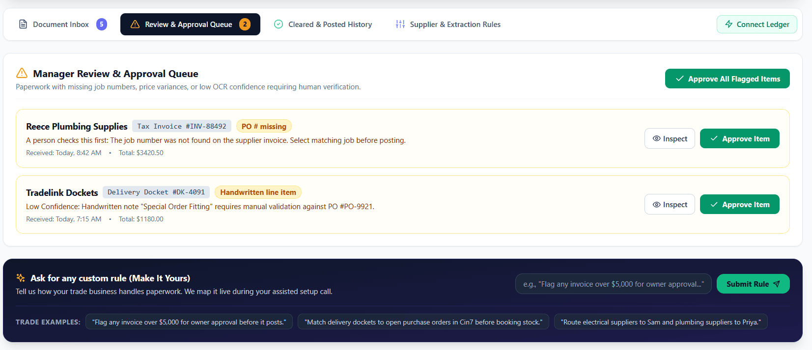 Review queue for invoices that need a person to check them first