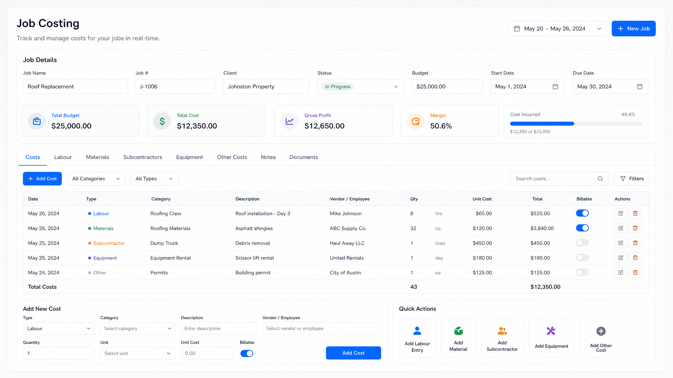 Job costing app with margin visible on each job