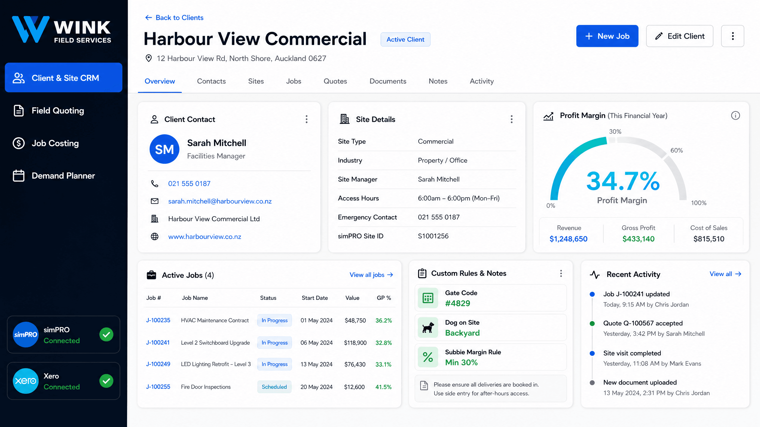 Custom vibeTools workspace with Client and Site CRM, Field Quoting, Job Costing and Demand Planner, connected to simPRO and Xero